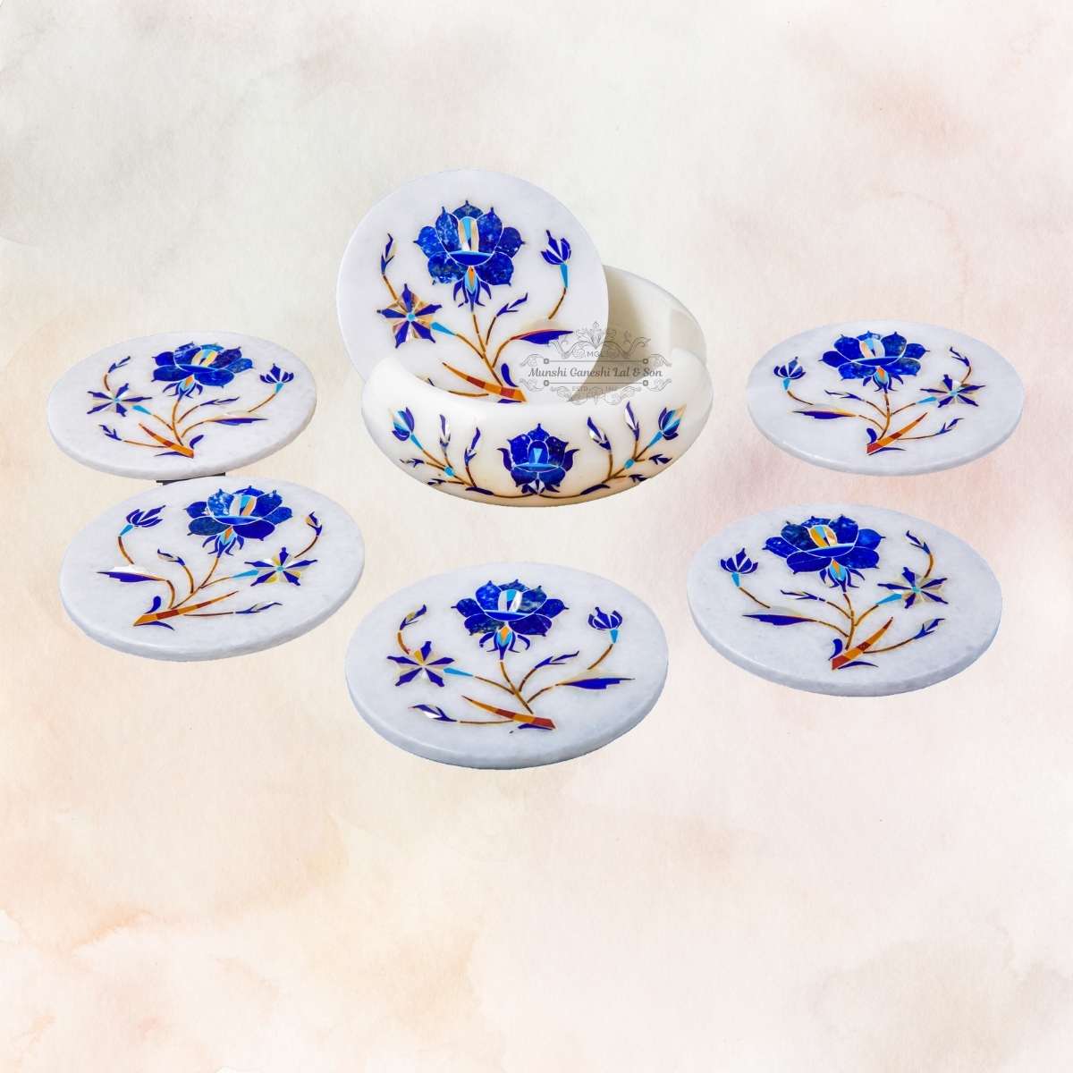 Blue Flower Carved Design Marble Coaster